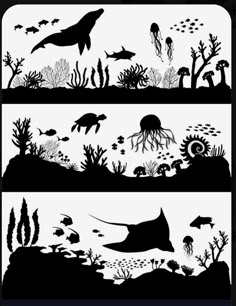 an underwater scene with sea animals and fish silhouettes on the white background eps file available