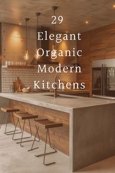 an image of a modern kitchen with text overlaying the title 29 elegant organic modern kitchens