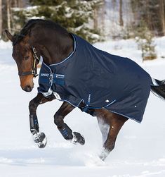 a horse running in the snow wearing a blanket