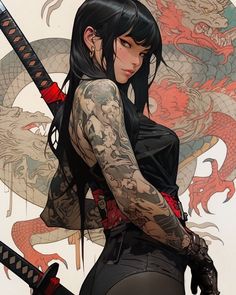 a woman with black hair and tattoos holding two swords in front of a dragon background