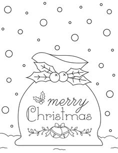 a christmas sack with the words merry christmas on it in black and white ink, surrounded by snowflakes