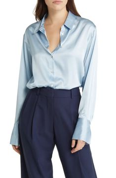 FRAME The Standard Women's Stretch Silk Button-Up Shirt | Nordstrom Blue Silk Button Down Shirt Outfit, Blue Silk Shirt Outfit, Satin Button Up Outfit, Silk Button Down Shirt Outfit, Satin Shirt Outfit, Silk Shirt Outfit, Grad Outfits, Blue Button Down Shirt, Teaching Outfits