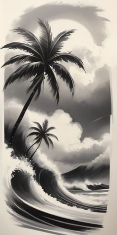 a black and white painting of a palm tree on a wave with clouds in the background