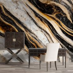 an elegant marble wallpaper with two chairs and a desk in front of the table