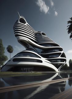 an artistic rendering of a futuristic building on the water's edge with palm trees in the background