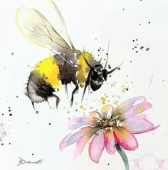 a painting of two bees on top of a flower with watercolor paint splotches