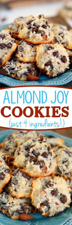 chocolate chip cookies on a blue plate with the words almond joy cookies just ingredients above them