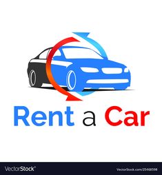 a blue car with the words rent a car in red and blue on white background