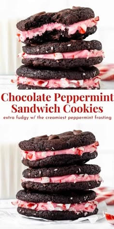 chocolate peppermint sandwich cookies are stacked on top of each other with pink frosting