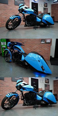 two pictures of a blue motorcycle parked in front of a brick wall