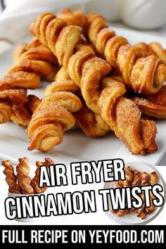 cinnamon twists on a white plate with the words air fryer cinnamon twists over it