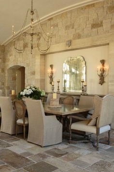 Stone Wall Dining Room, Mirror Over Sideboard, Brick Dining Room, Tranquil Interior, Wall Pantry Ideas, French Farmhouse Decorating, Stone Room, Gustavian Decor, Wall Pantry