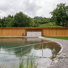 an empty pond in the middle of a grassy area next to a wooden fence and trees