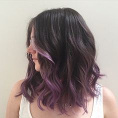 Purple Hair Highlights Aesthetic, Aqua Balayage Hair, Short Hair Styles Purple, Dyed Hair Purple Highlights, Short Hair With Purple Streaks, Fuschia Highlights Brown Hair, Medium Brown And Purple Hair, Purple Hair Tips Brunette, Short Purple Balayage Hair