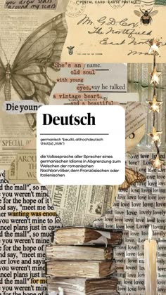 a collage with many different types of papers and words on it, including the word deutsch