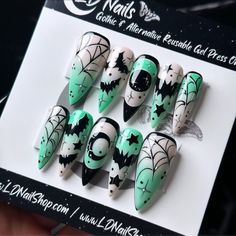 Welcome to LD Nails! 🖤 One set of 10 REUSABLE Press On Nails 🖤 🖤 Made to order in your shape & size 🖤 🦇 Witching Hour: hand painted spooky Halloween press on nail set. Pink and green blended ombré glow in the dark base with black and white hand painted spooky details: Bats, Moons and Stars Purchase INCLUDES an application kit! It consists of: 🖤 detailed application & removal instructions 🖤 a sealed and sanitary mani kit (100/180 file, buffer block, cuticle pusher) 🖤 2 alcohol pads 🖤 nail tabs or glue (glue is standard, request tabs in the personalization box if you prefer them!) *Only one kit is sent per order. Extra kits and kit contents can be picked up in the “Extras” section! Est. 2020: LD Nails specializes in custom Gothic, Witchy and Alternative Press On Nails. I draw inspir Halloween Nail Ideas, Holloween Nails, Country Nails, Halloween Press On Nails, Long Stiletto, Goth Nails, Witching Hour, Alternative Style, Halloween Nail Designs