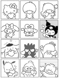 an image of cartoon characters in black and white coloring pages with the same character on each page