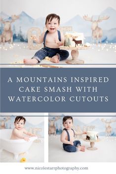 a baby sitting on the floor in front of a cake smash with watercolor cutouts