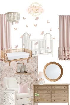 Finn's nursery with dreamy palette of blush and soft white .We added these watercolor butterfly decals fluttering across the walls