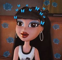 an animated girl with blue butterflies on her hair