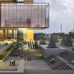 an artist's rendering of the exterior of a building with stairs and people walking around