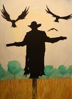 a painting of a scarecrow with birds flying over him