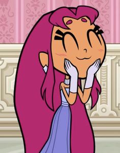 an animated character with long pink hair and blue dress holding her hand up to her face