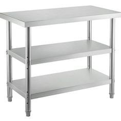 a stainless steel table with two shelves on each side and one shelf below the top