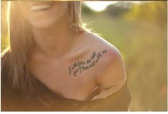 a woman with a tattoo on her shoulder and the words, i love you so much