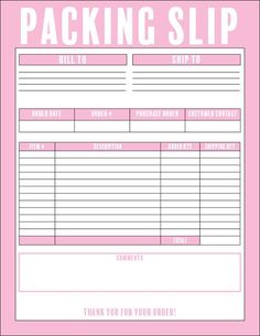 a pink and white packing slip with the words, thank you for your order