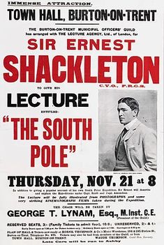 an old poster with the words shakespeareton lecture for the south pole in red and white