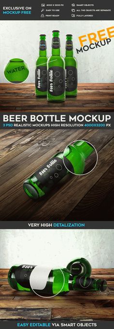 an advertisement for beer bottle mockup with green bottles on the side and white labels