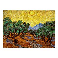 an impressionist painting of trees and mountains in the background with sun shining over them