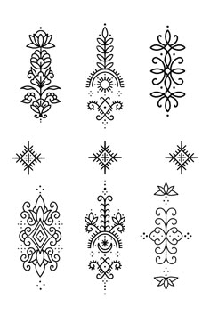 the different designs on this page are drawn in black ink and have been used to make decorative