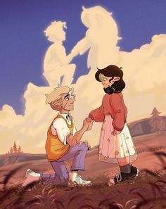 an animated image of two people holding hands in the middle of a field with clouds behind them