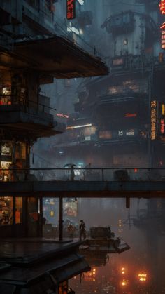 a futuristic city at night with lots of neon lights