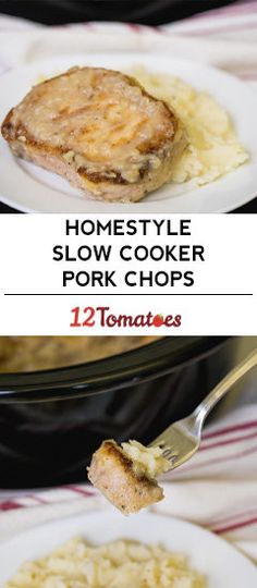 two pictures show how to make slow cooker pork chops