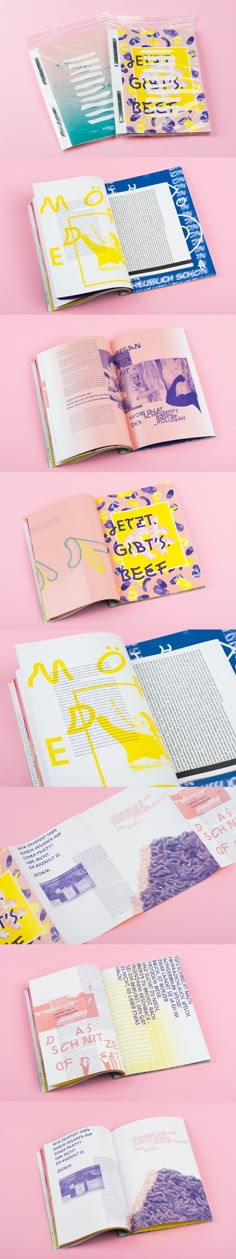 an assortment of brochures are laid out on a pink surface with yellow and blue designs