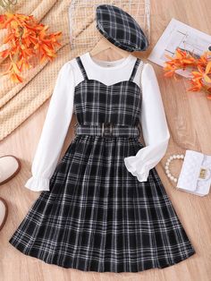 Tween Girl Contrast Plaid Flounce Sleeve 2 In 1 Dress Black and White   Long Sleeve Fabric  A Line Non-Stretch  Tween Girls Clothing, size features are:Bust: ,Length: ,Sleeve Length: 21st Dresses, Easy Trendy Outfits, Simple Trendy Outfits, Really Cute Outfits, Teen Fashion Outfits, Girls Clothing, Cute Casual Outfits, Cute Fashion