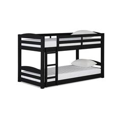 a bunk bed with two white pillows on the bottom and one black frame, against a white background