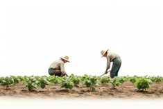 two men are working in the field with plants