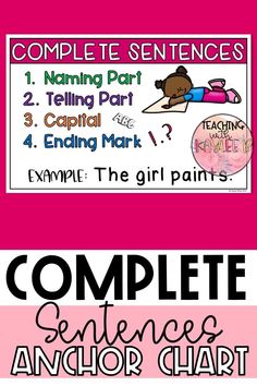 complete sentence anchor chart for reading and writing with pictures on the bottom, second grade