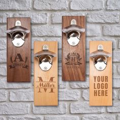 three wooden bottle openers are hanging on a brick wall with the names miller iv and your logo here