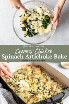 spinach artichoke bake in a casserole dish being stirred with a spoon