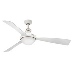 a white ceiling fan with a light on the top and two blades attached to it