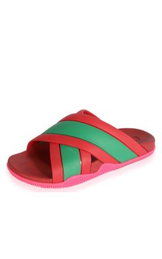 These sandals from Gucci boast the instantly recognizible Web detail and a contrasting pink sole.Green and red Web rubber Open toe Slip-on styleMoulded footbed Crisscross straps Embossed Gucci logoBranded insoleComposition: Rubber 100%Lining: Rubber 100%Sole: Rubber 100%Made in Italy Chevron Outfit, Chevron Jewelry, Gucci Slides, Web Detail, Red Web, Gucci Shop, International Clothing, Amina Muaddi, Luxury Women Fashion