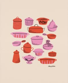 an illustration of various pots and pans on a beige background, with pink accents