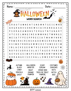 a halloween word search with pumpkins and ghostes on it's side, as well as words that spell out the word