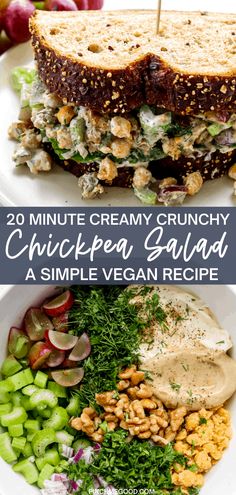 two plates filled with different types of food and the words 20 minute creamy crunchy chickpea salad