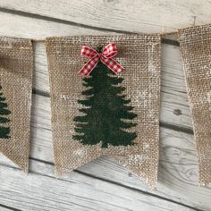 burlap banner with christmas trees on it